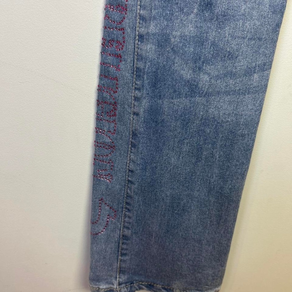True Religion Leila Kids Blue Wide Leg Jeans Pink Rhinestone Logo Size 10 NWT - Picture 5 of 8